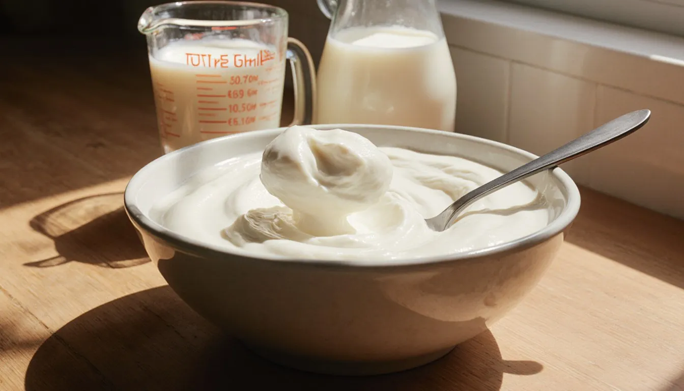 A bowl of homemade cultured cream with a spoon, next to cream and buttermilk used as crème fraîche substitutes