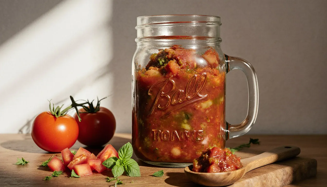 A pint Mason jar of homemade crushed tomatoes surrounded by fresh Roma tomatoes and herbs