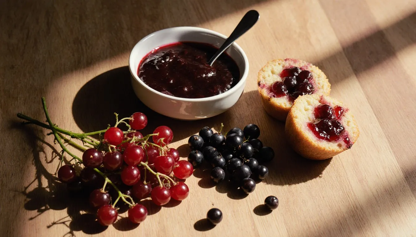 Fresh red and black currants beside currant jam and a currant muffin on a wooden surface