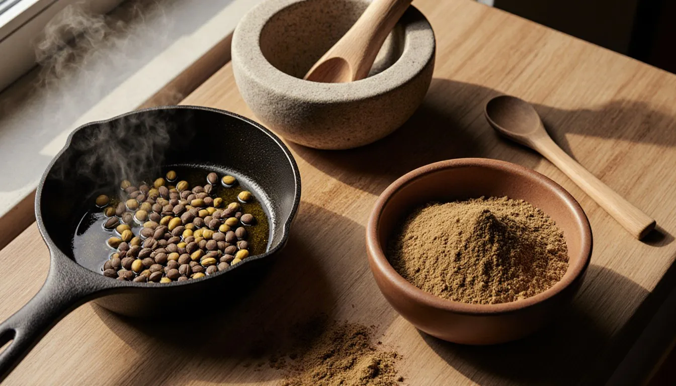 Whole cumin seeds and ground cumin powder in bowls beside seeds tempering in a hot skillet