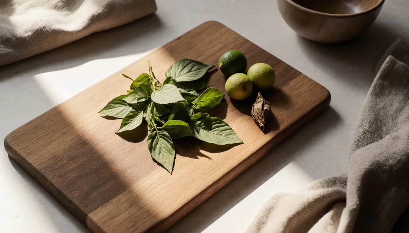 Fresh curry leaves on a wooden board beside bay leaves and lime leaves as substitute options