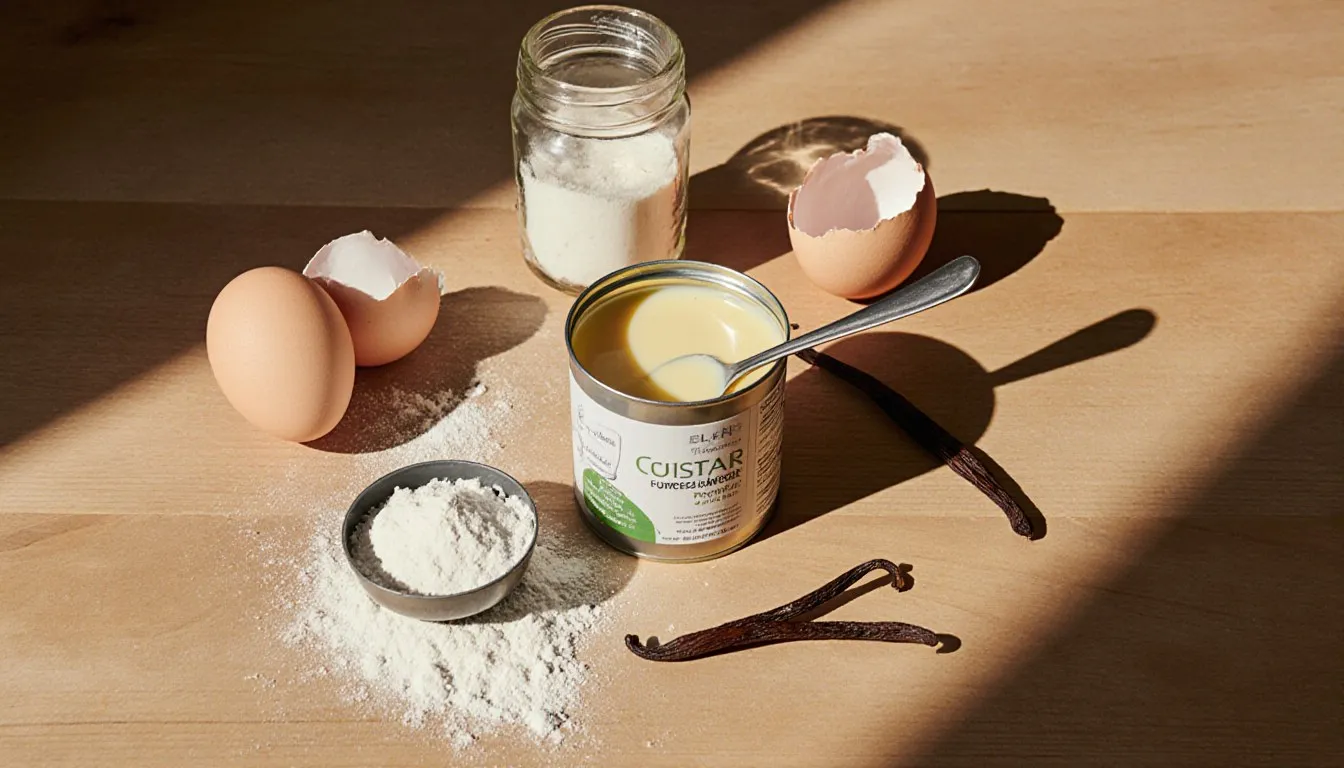 Custard powder tin surrounded by eggs, cornstarch, and vanilla bean, common substitute ingredients