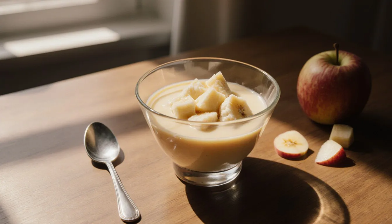 A glass bowl of creamy fruit custard with fresh fruit chunks, spoon resting beside it on a wooden table