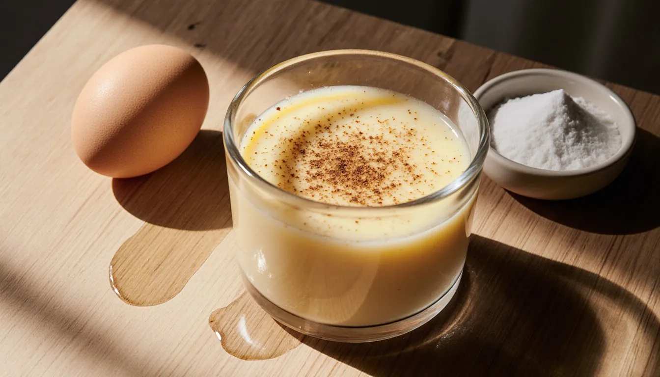 A glass ramekin of baked egg custard dusted with nutmeg, beside an egg and a small dish of sugar