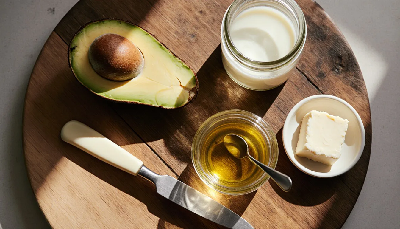 Avocado, coconut oil, olive oil, and plant-based spread arranged as dairy-free butter substitutes