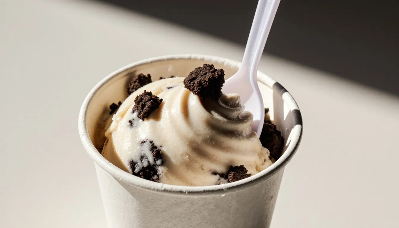 A vanilla soft-serve treat swirled with crumbled Oreo cookie pieces in a cup, spoon standing upright in the center