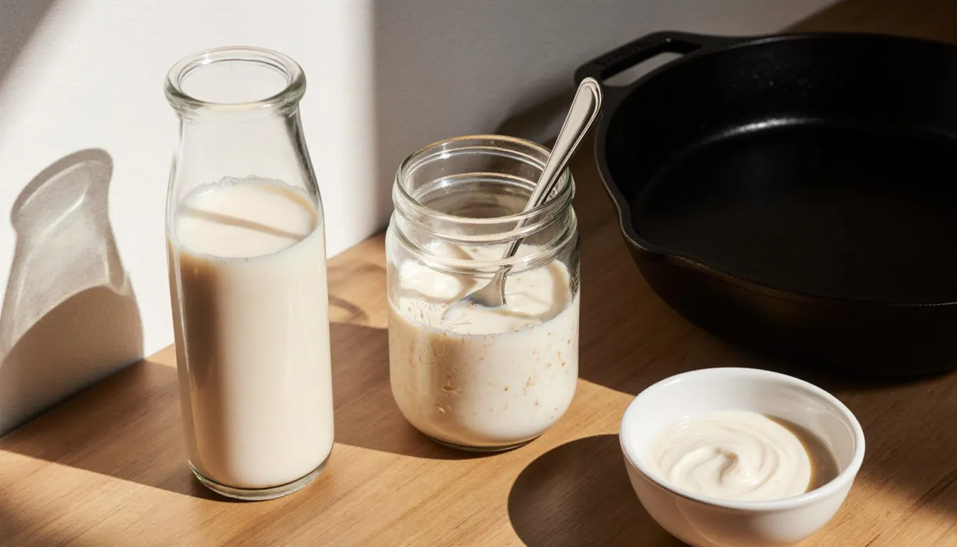 Oat milk, cashew cream, and coconut milk in plain glass and ceramic dishes beside a skillet on a kitchen counter