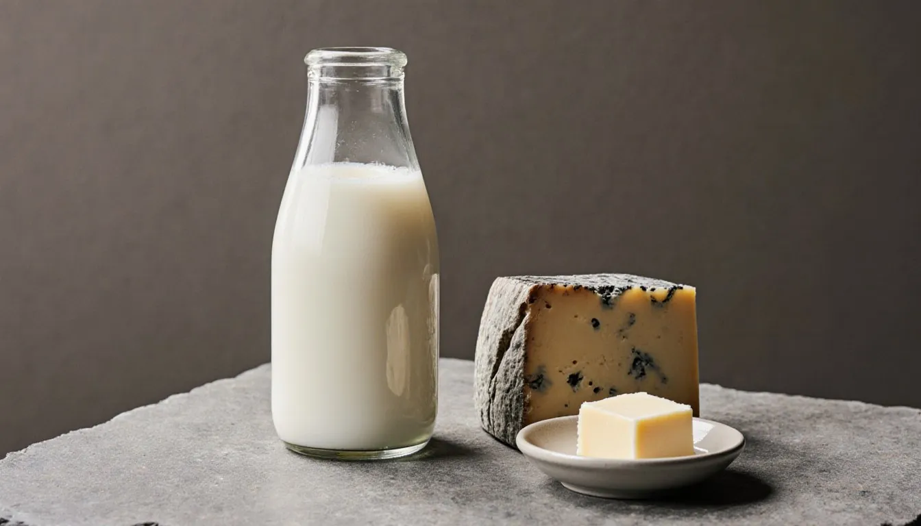 Glass bottle of milk, a wedge of aged cheese and butter on grey stone