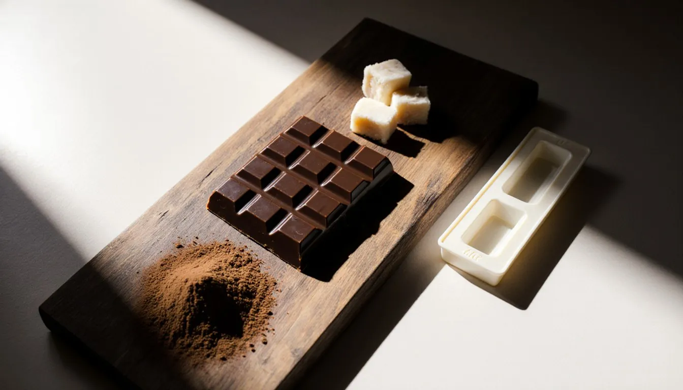 A homemade dark chocolate slab beside cocoa powder and raw cocoa butter chunks on a wooden board
