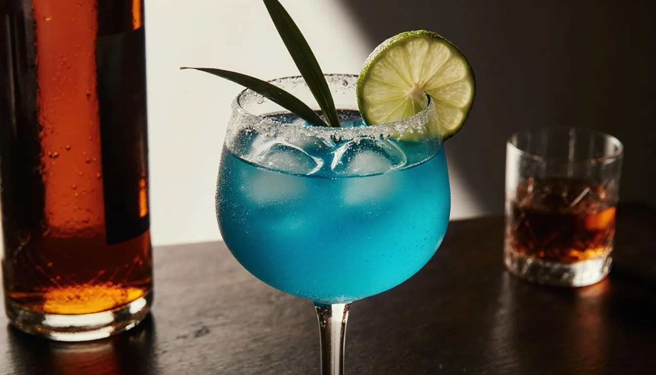 A glowing blue rum cocktail garnished with lime and pineapple, served in a coupe glass on a wooden bar