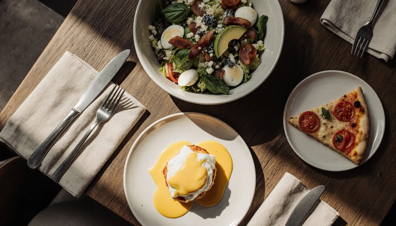 Eggs Benedict, Cobb Salad, and Margherita pizza arranged on a table, dishes named after real people