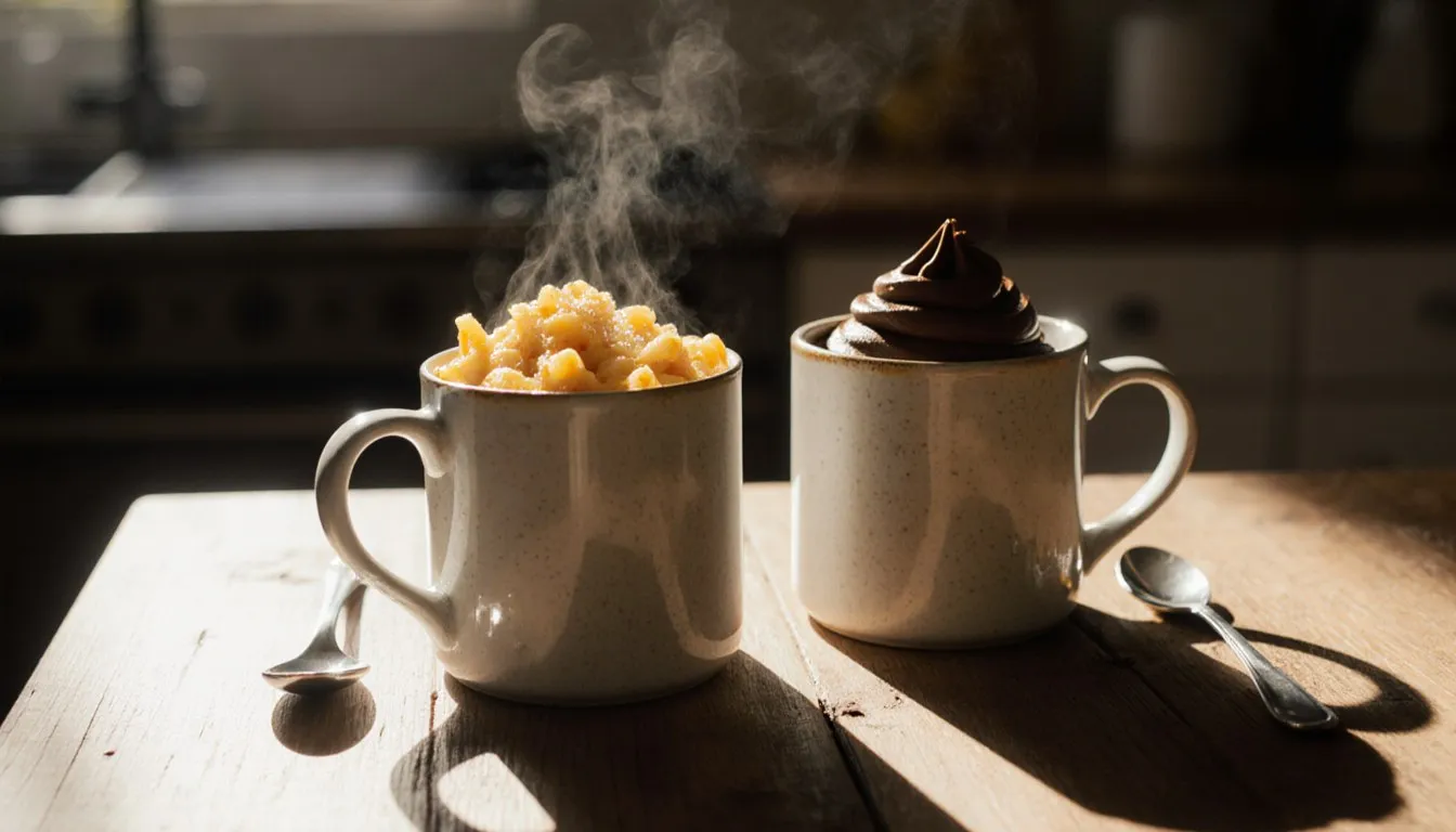 Two mugs on a kitchen counter, one with macaroni and cheese and one with chocolate mousse, ready to eat