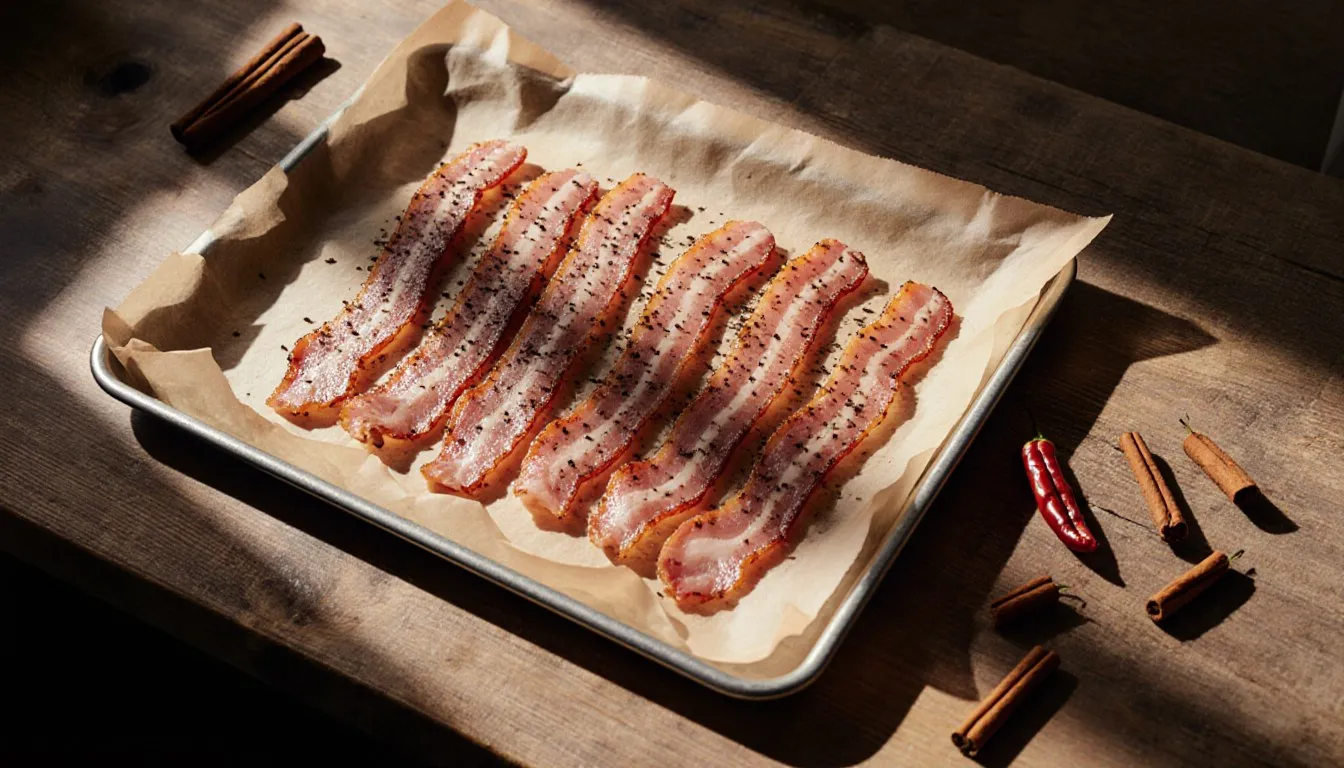 Sliced pork jowl bacon on parchment paper with cinnamon sticks and bird's eye chilies