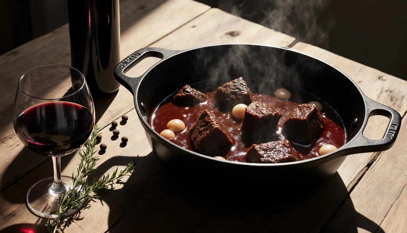 A Dutch oven of red-wine braised beef beside a glass and bottle of red wine on a wooden table