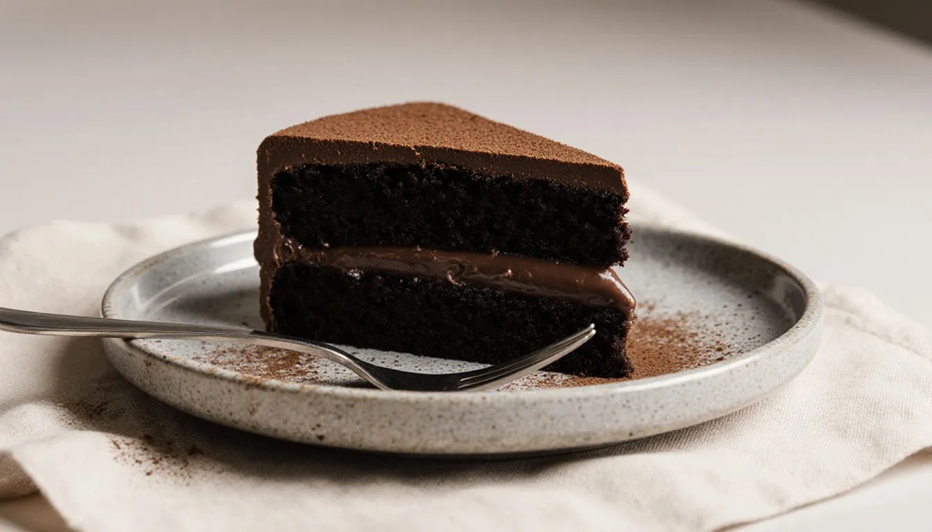 Slice of layered chocolate cake on a stoneware plate with a dusting of cocoa