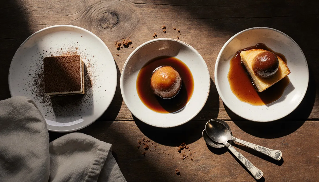 Tiramisu, gulab jamun, and sticky toffee pudding arranged together on a wooden counter