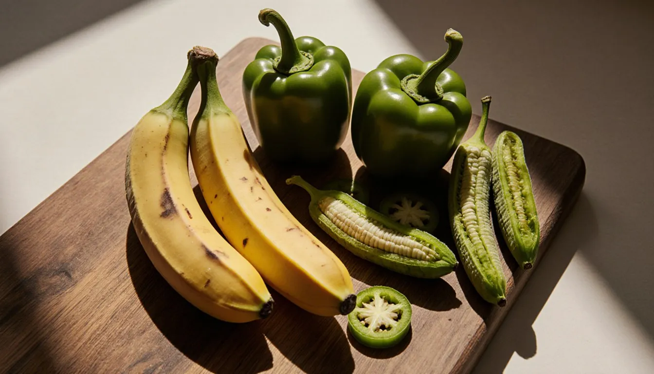 Fresh banana peppers and pepperoncini, whole and sliced into rings, arranged side by side on a wooden board