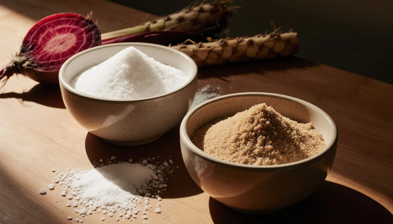 Bowls of pale beet sugar and golden cane sugar beside a sliced beet and sugarcane stick