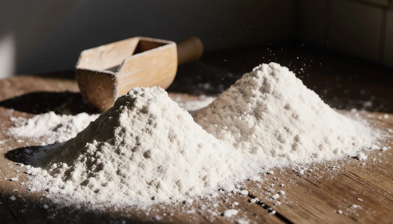 Two mounds of fine baking flour with different textures resting on a wooden countertop beside a wooden scoop