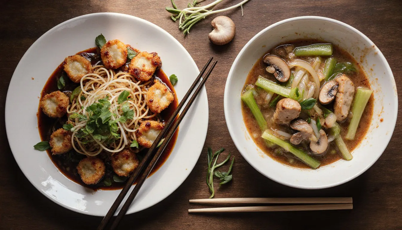 A plate of stir-fried chow mein noodles beside a bowl of chop suey with vegetables and chicken