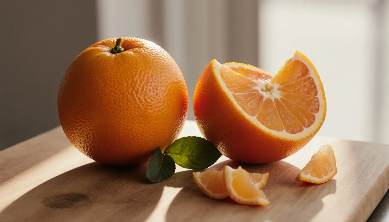 A tangerine and a clementine side by side, one partly peeled, showing differences in size and skin texture