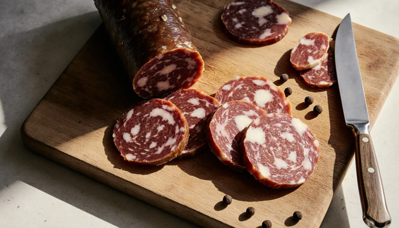 Sliced hard salami and Genoa salami arranged side by side on a wooden board, showing their different textures and colors