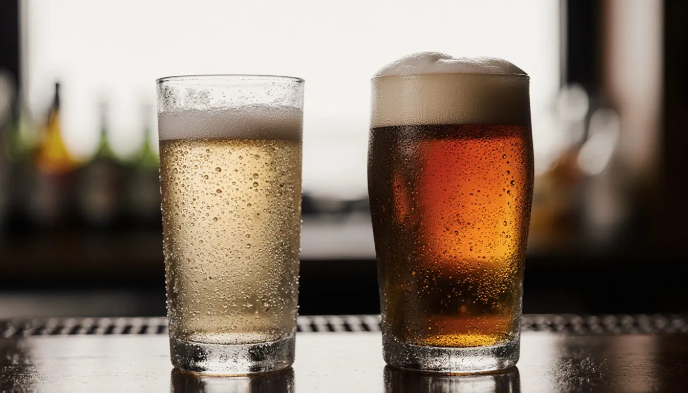 A tall glass of pale malt liquor beside a pint of amber beer, foam heads contrasting on a bar top
