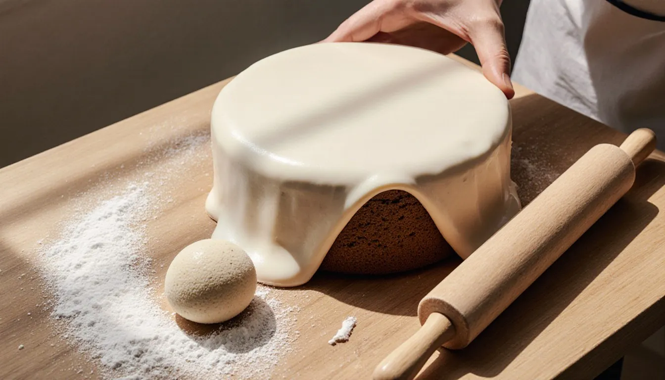 A cake being decorated with smooth fondant icing on one side and textured marzipan on the other