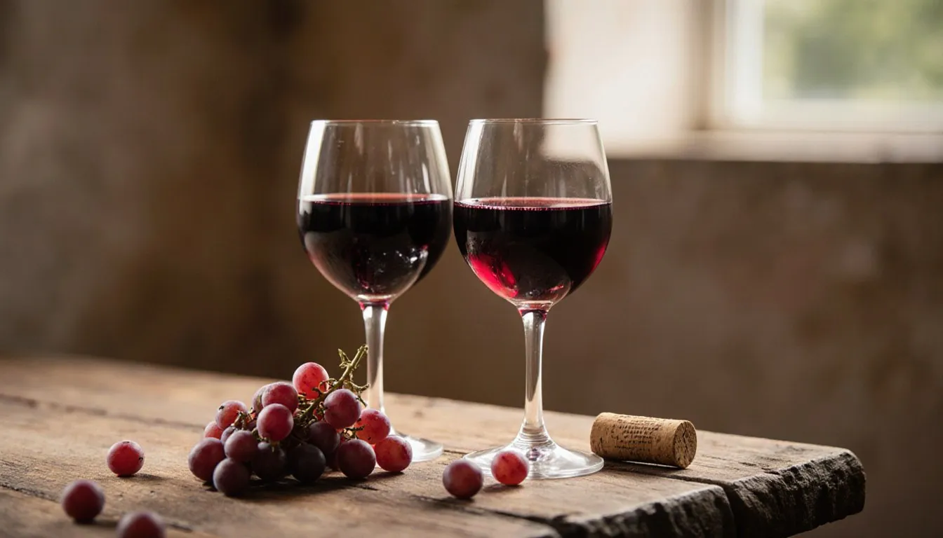 Two glasses of red wine beside grape clusters, showing the color contrast between Merlot and Cabernet Sauvignon