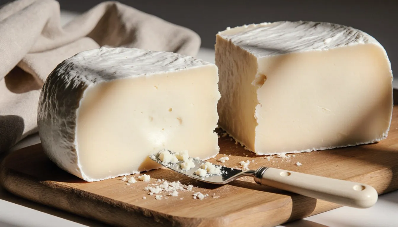 Two similar white cheese blocks, one softer and duller, one smoother and glossier, side by side on a wooden board