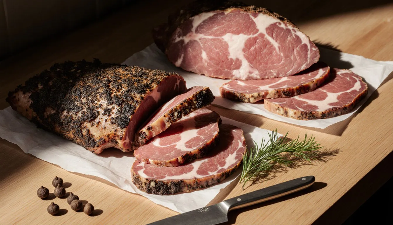Sliced pastrami and corned beef arranged side by side on a wooden deli counter