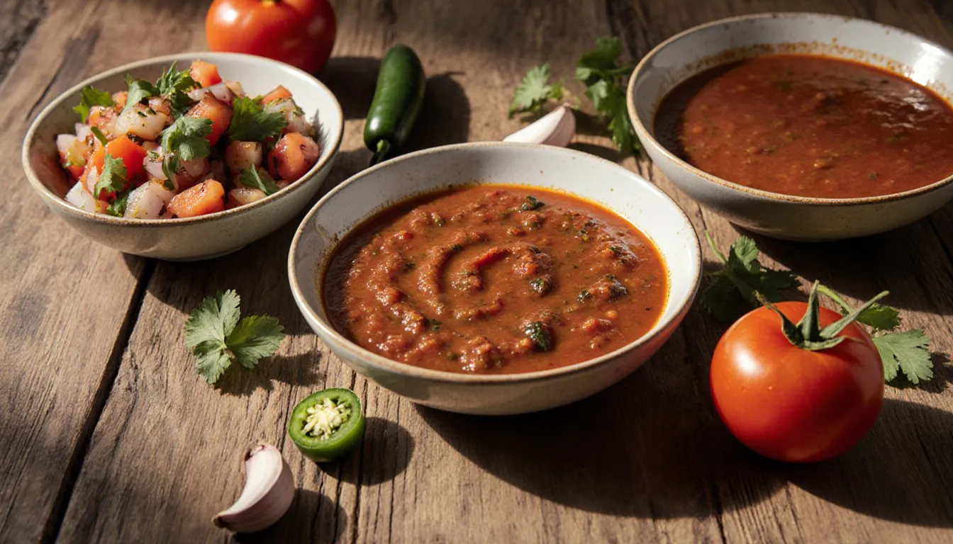 Three bowls showing chunky pico de gallo, roasted salsa, and thin picante sauce with fresh tomatoes and jalapeño
