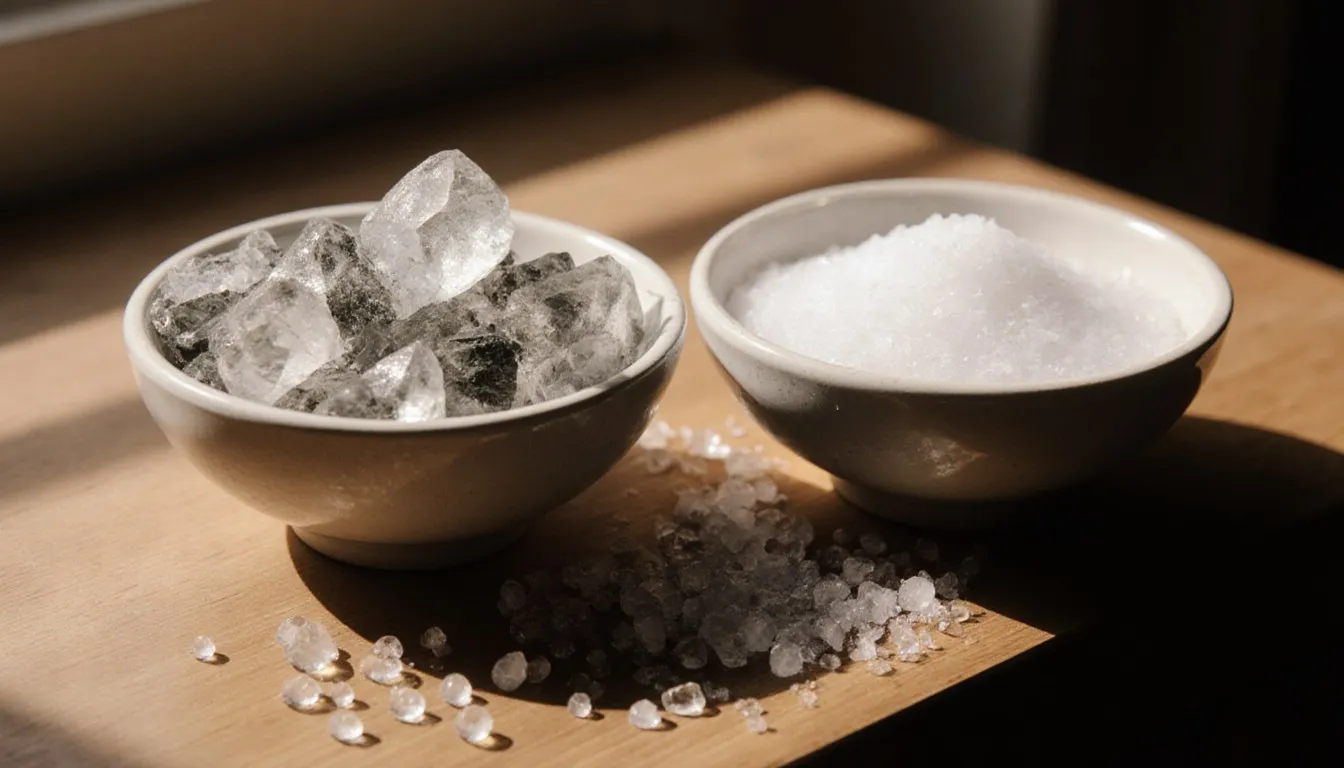 Coarse sea salt crystals and fine table salt in small dishes, showing their contrasting texture and color