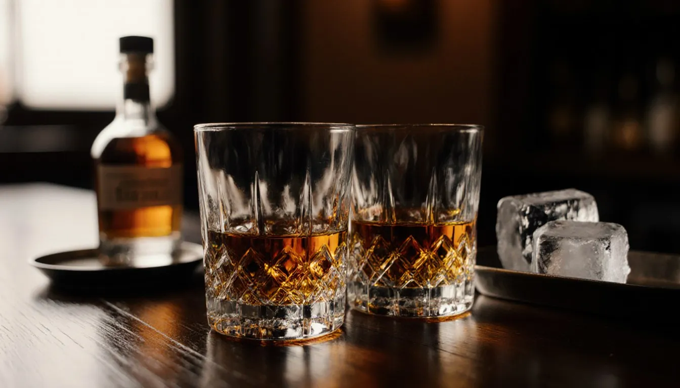 Two glasses of scotch whisky with subtly different amber hues beside an unlabeled bottle on a bar