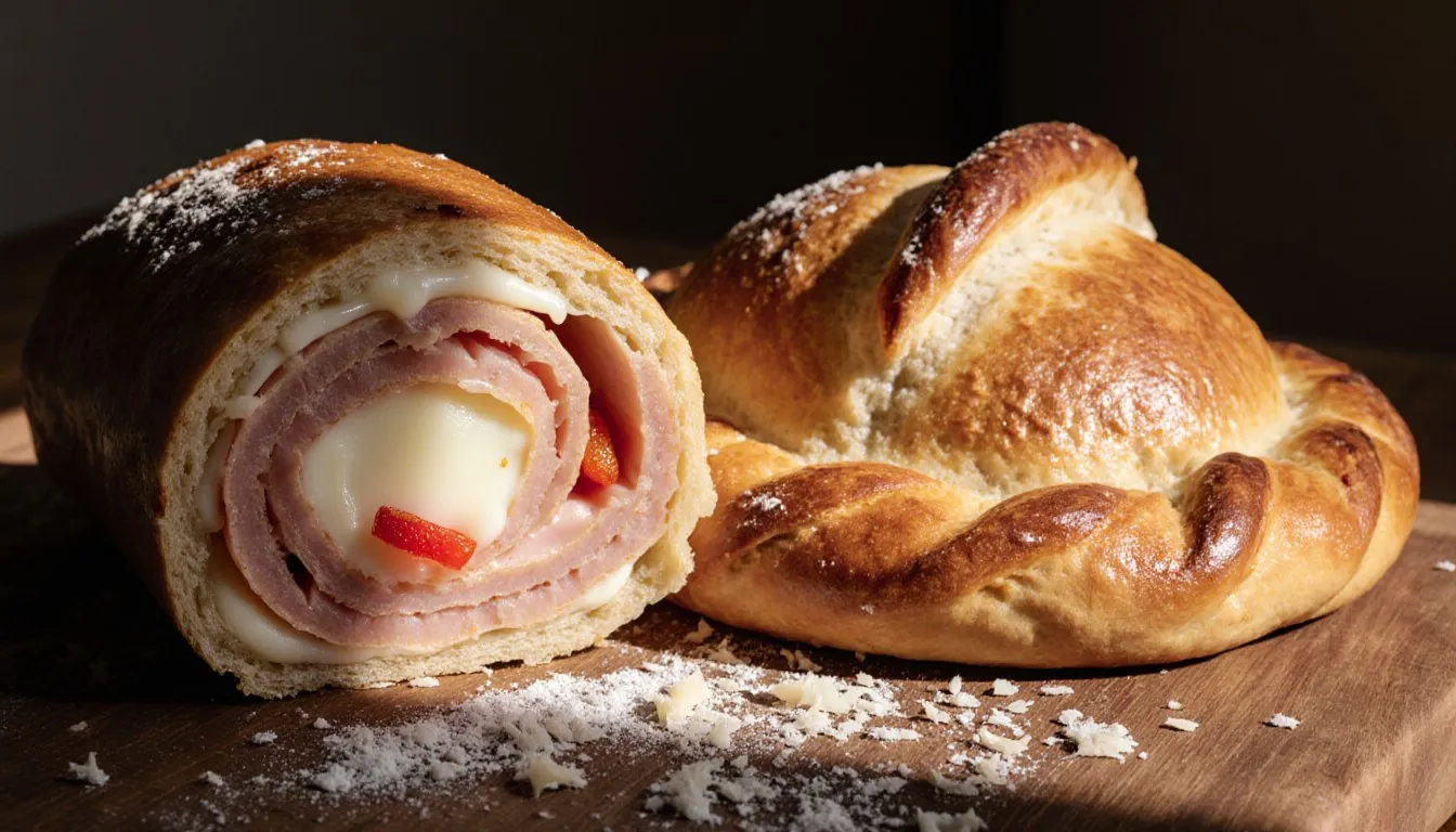 A sliced stromboli showing its cheese and ham spiral next to a whole crescent-shaped calzone on a wooden board