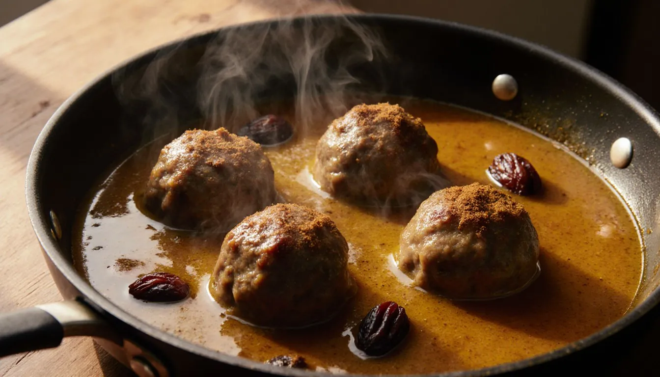 Braised lamb meatballs in saffron sauce with prunes and raisins, a Persian-style meatball dish