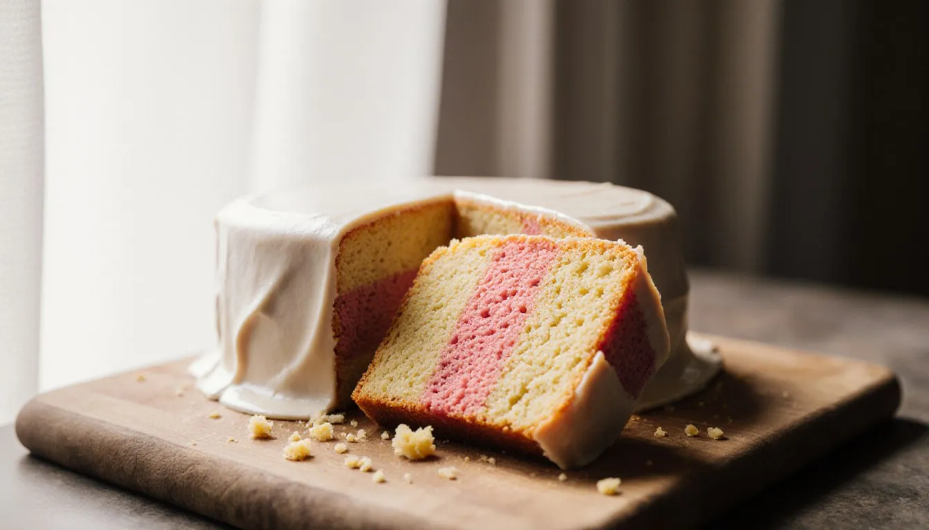 A sliced Battenberg cake revealing its pink and yellow checkerboard sponge under a marzipan wrapping