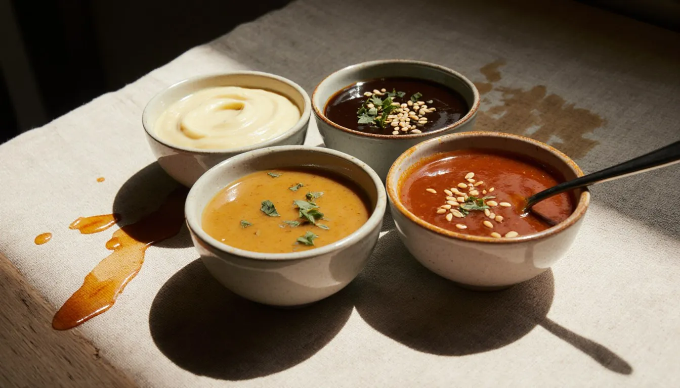 Small ceramic bowls of assorted dipping sauces, from creamy aioli to dark soy-sesame and honey mustard
