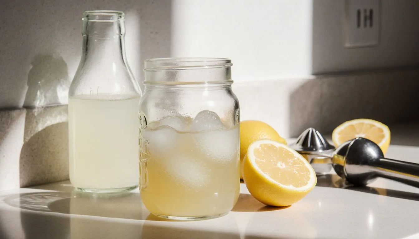 Fresh lemon juice in a glass jar beside a bottled lemon juice, with juiced lemon halves on a kitchen counter