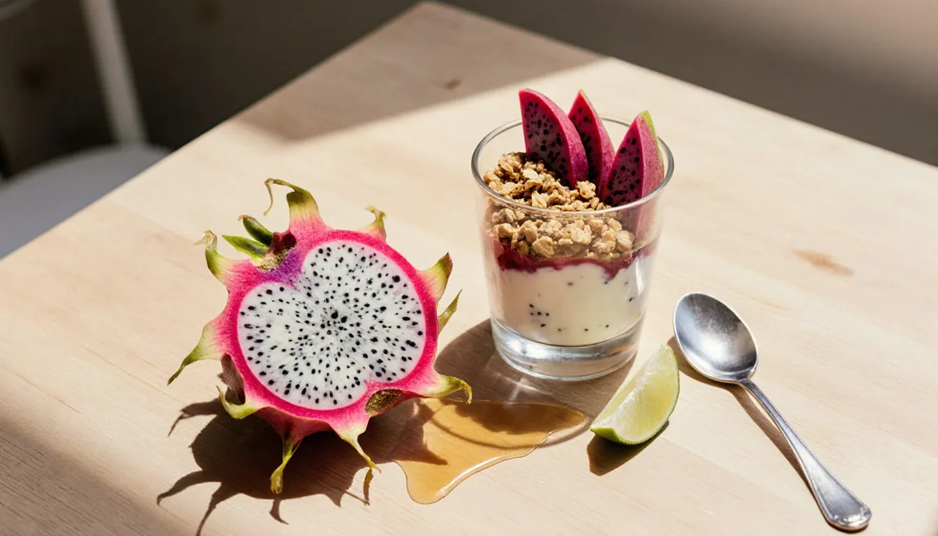 Halved dragon fruit beside a yogurt parfait layered with its pink flesh, muesli, and honey