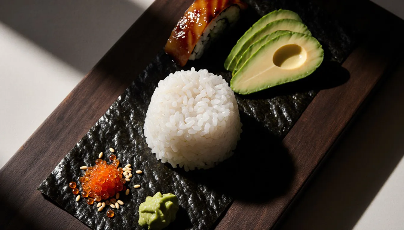 Sushi rice, nori, avocado, cucumber, grilled eel and tobiko arranged as dragon roll ingredients