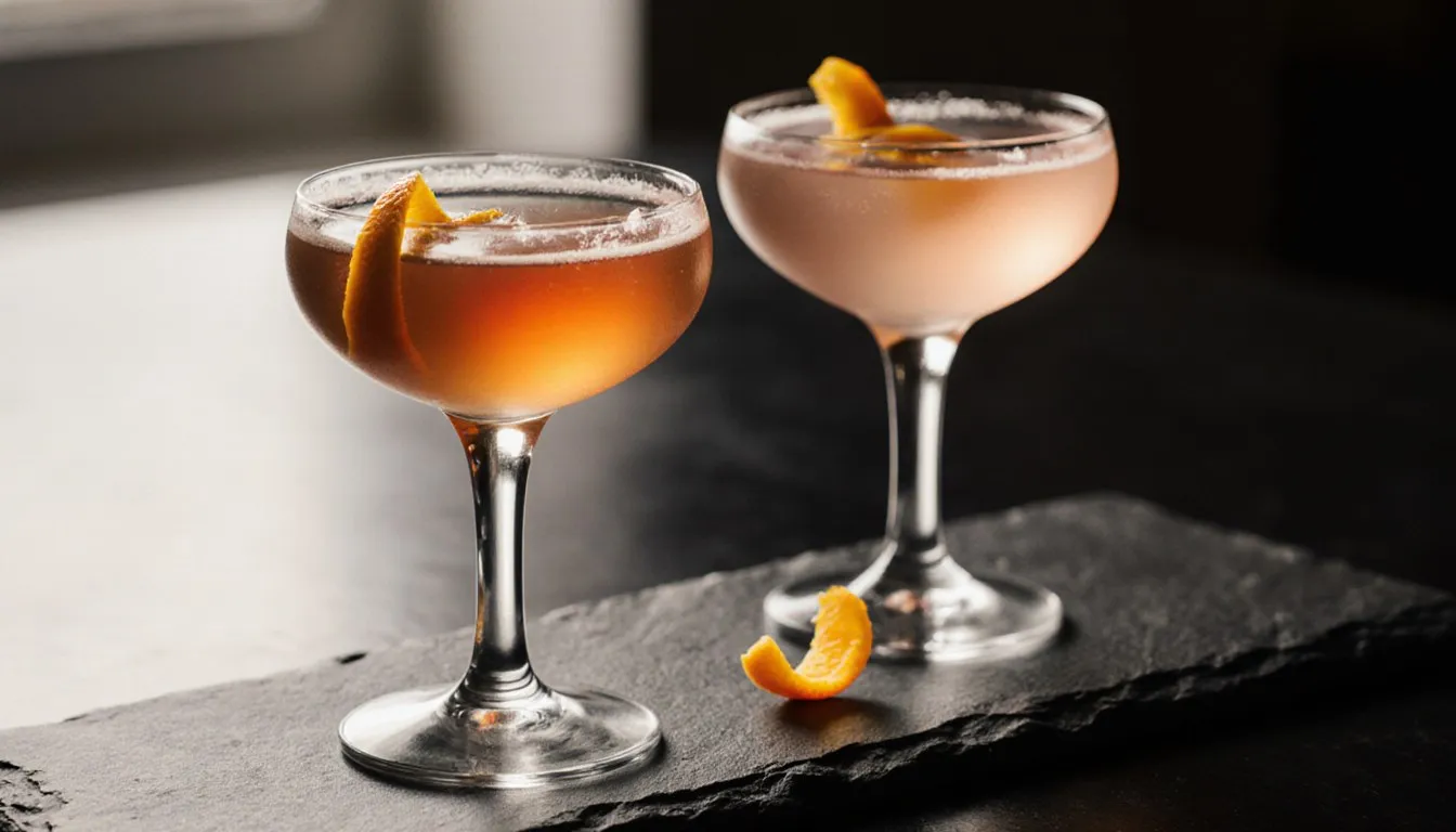 Two coupe cocktails on a slate bar top with a twist of orange peel