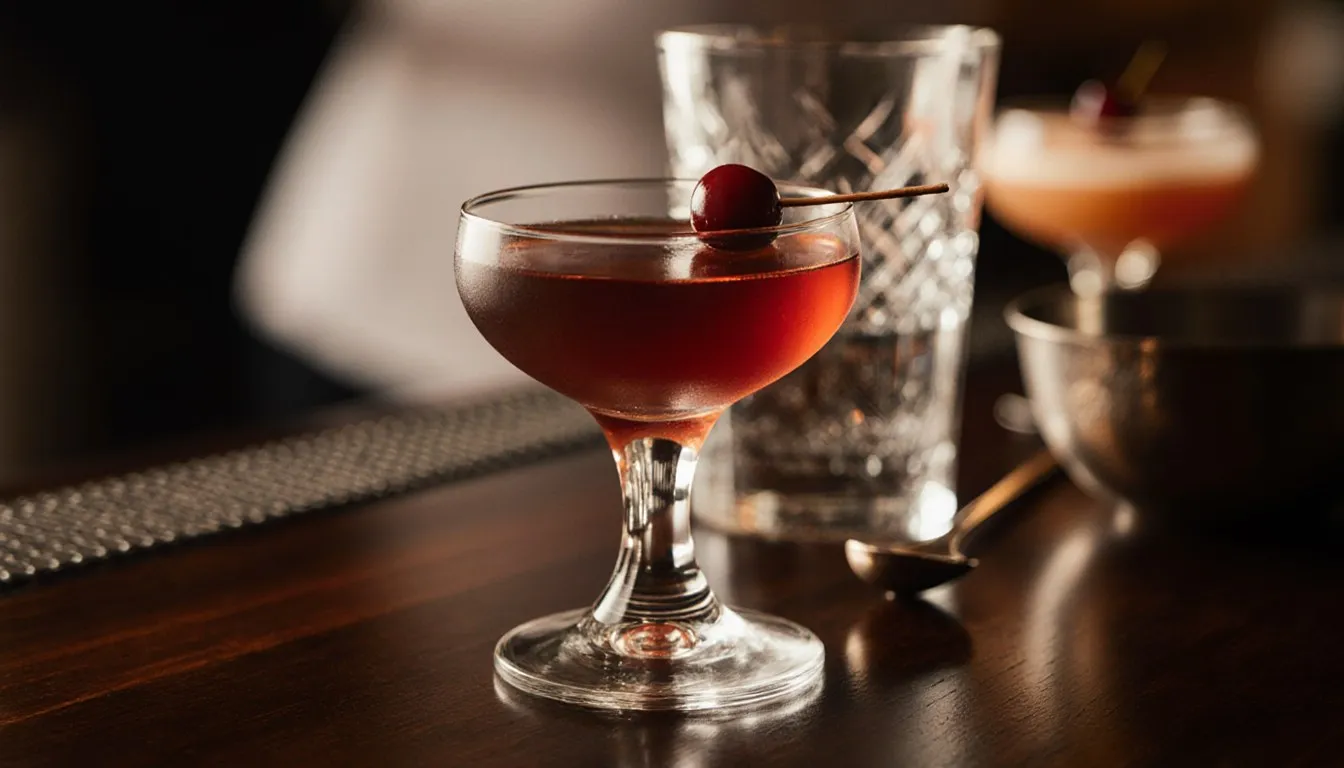 A Rob Roy cocktail in a coupe glass with a brandied cherry garnish on a dim bar top