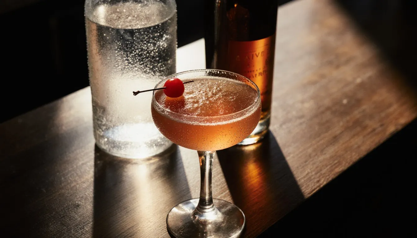 An amber amaretto-vodka cocktail garnished with a cherry, with two unmarked liquor bottles blurred in the background.