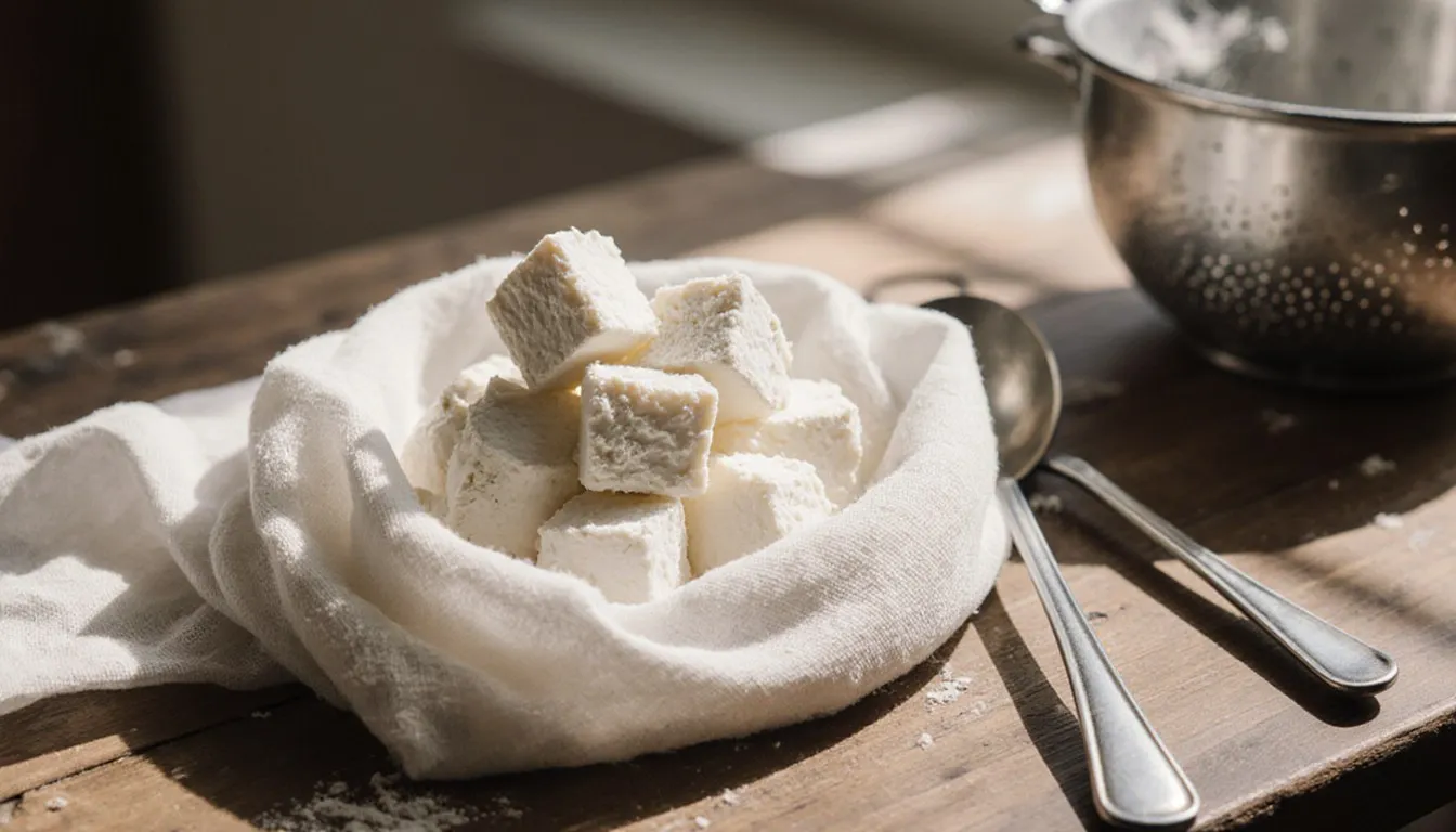 Freshly made dry cottage cheese curds resting in an unwrapped cheesecloth on a wooden countertop