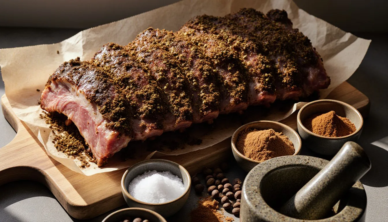 Raw pork ribs coated in a coarse spice rub, surrounded by small bowls of whole spices