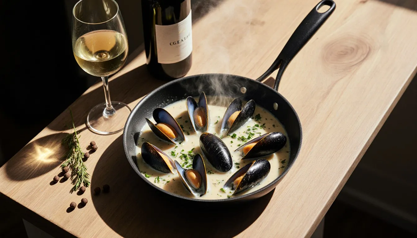 Mussels in creamy white wine sauce with a glass of dry white wine alongside