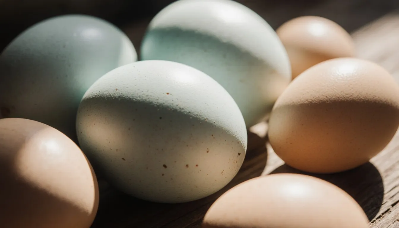 Duck eggs and chicken eggs arranged together, showing the difference in size and shell color