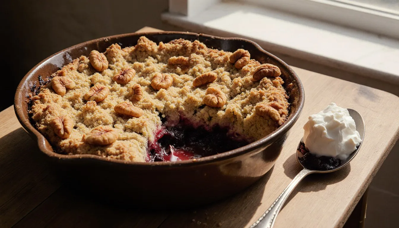 A golden-brown dump cake in a baking dish, cracked crust revealing bubbling fruit filling, served with whipped cream