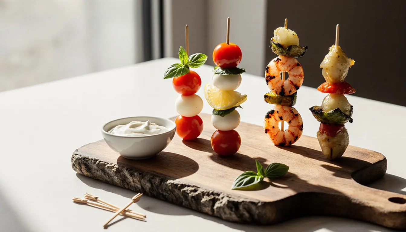 Assorted appetizer skewers with tomato, mozzarella, shrimp, and vegetables served on a wooden board with dip